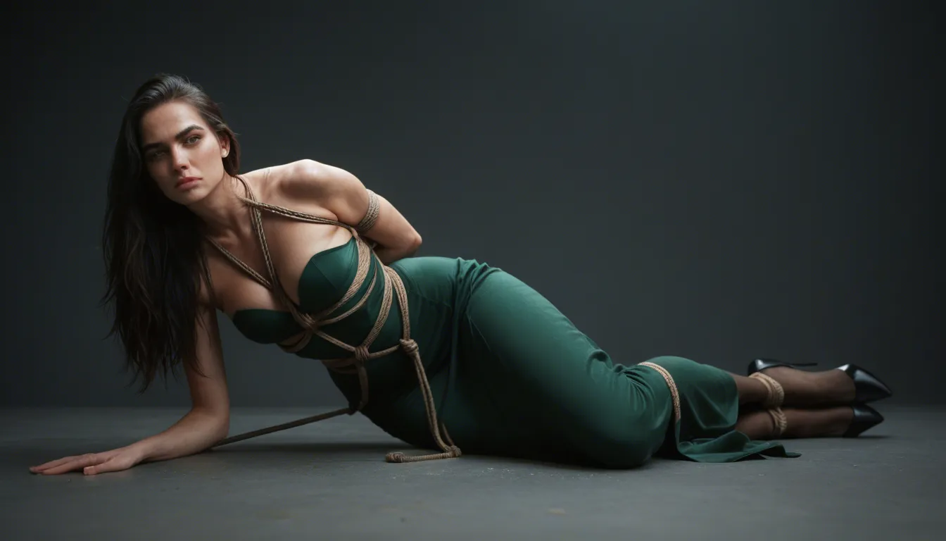 Dark haired with green eyes woman, in green mid long dress, black stockings and heels, tied up in rope bondage (chest, hands tied behind her back), standing, leaning forward, in profile, is fucked in the ass and in her mouth by two guys in suit.
The scene est rough, woman has tears and there is a lot of saliva