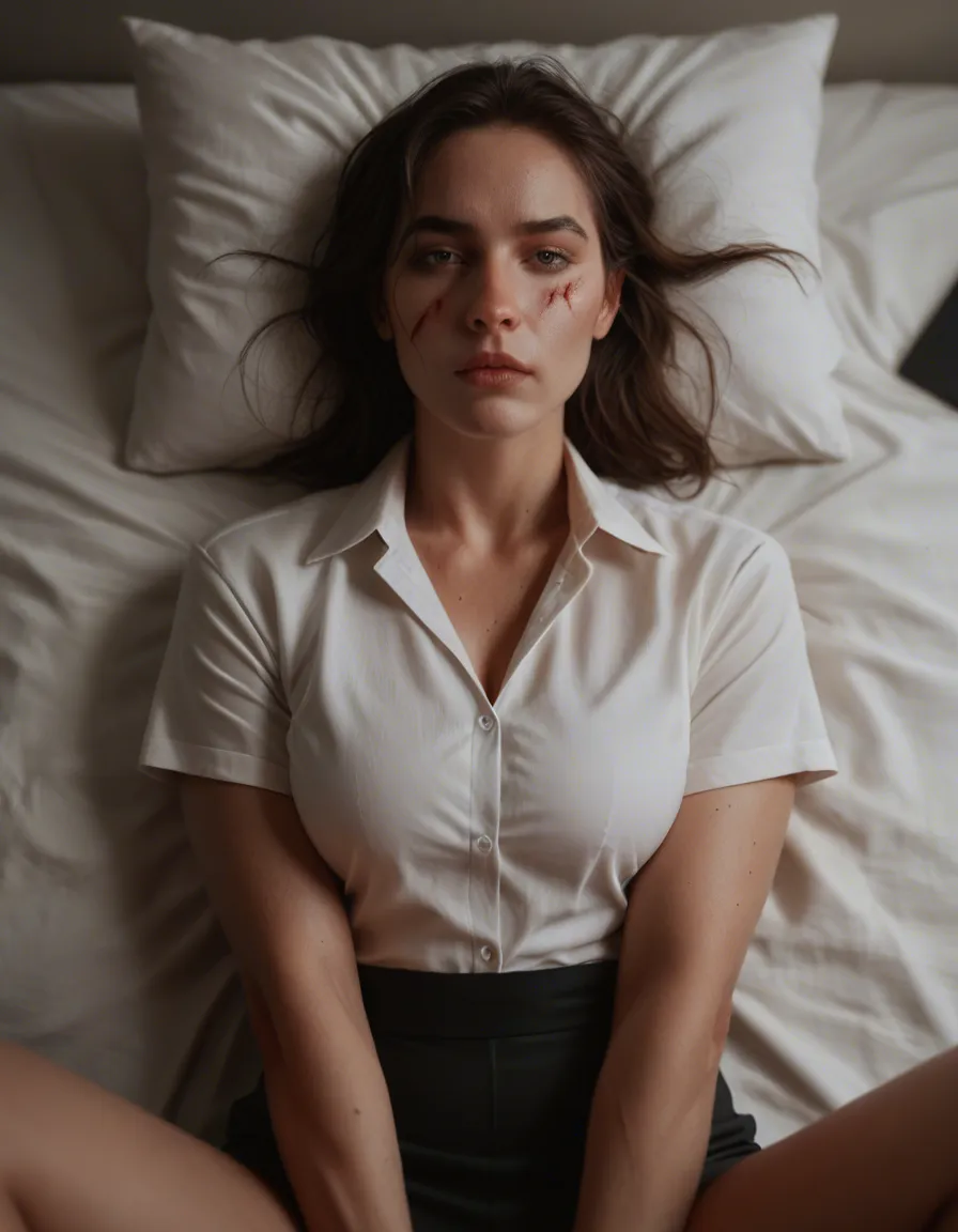 best quality, hyperrealistic, office lady, scar, short sleeves, missionary, bed sheet, dramatic lighting, dslr quality, score_9, score_8, candid photo, realistic skin texture, visible skin pores, film grain, depth of field, score_9, score_8, candid photo, realistic skin texture, visible skin pores, film grain, depth of field
