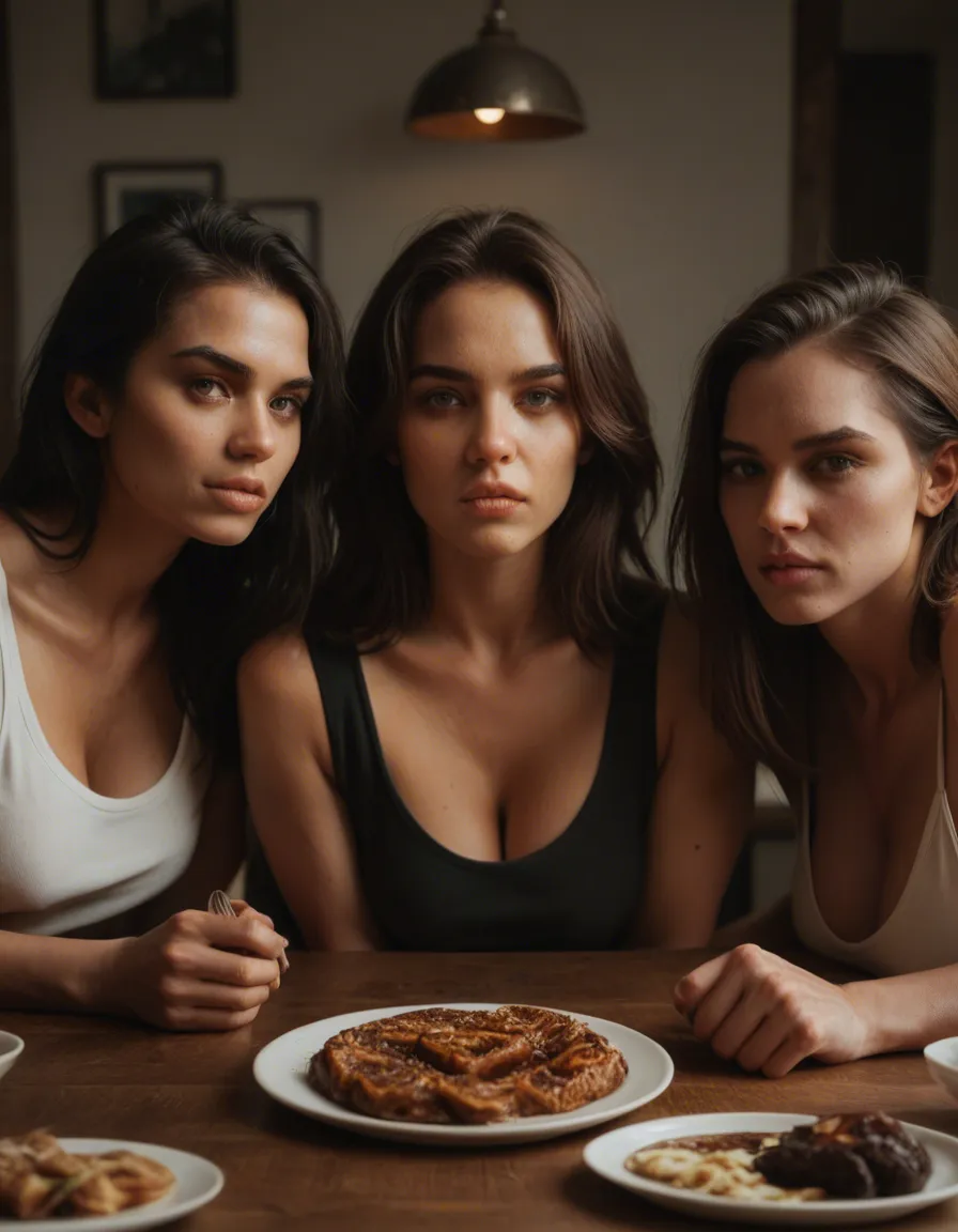 8k, sharp focus, detailed skin, 3girls, food, futanari, film photography, score_9, score_8, candid photo, realistic skin texture, visible skin pores, film grain, depth of field