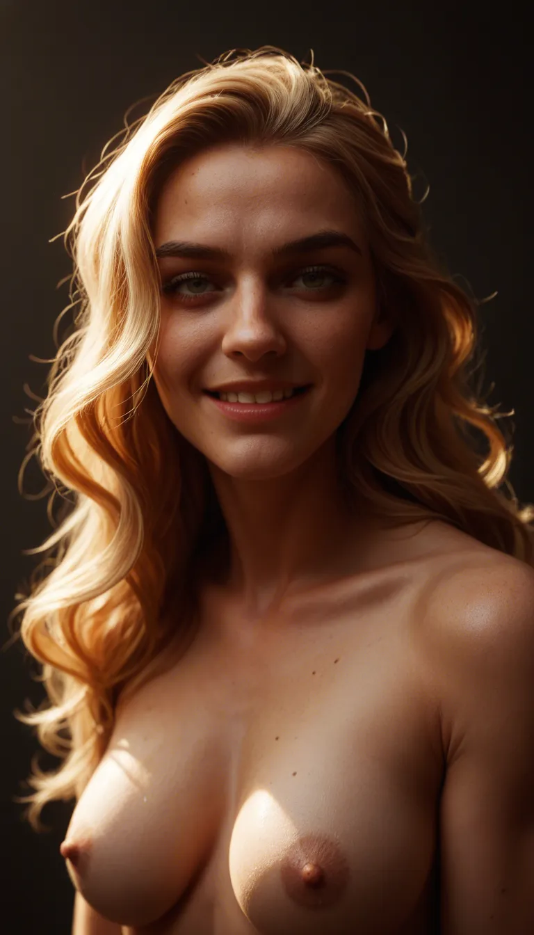best quality, polished, gradient background, vivid colors, blonde medium length wavy hair in messy bun,  smiling, view of entire body,  medium_breast, strips off clothes