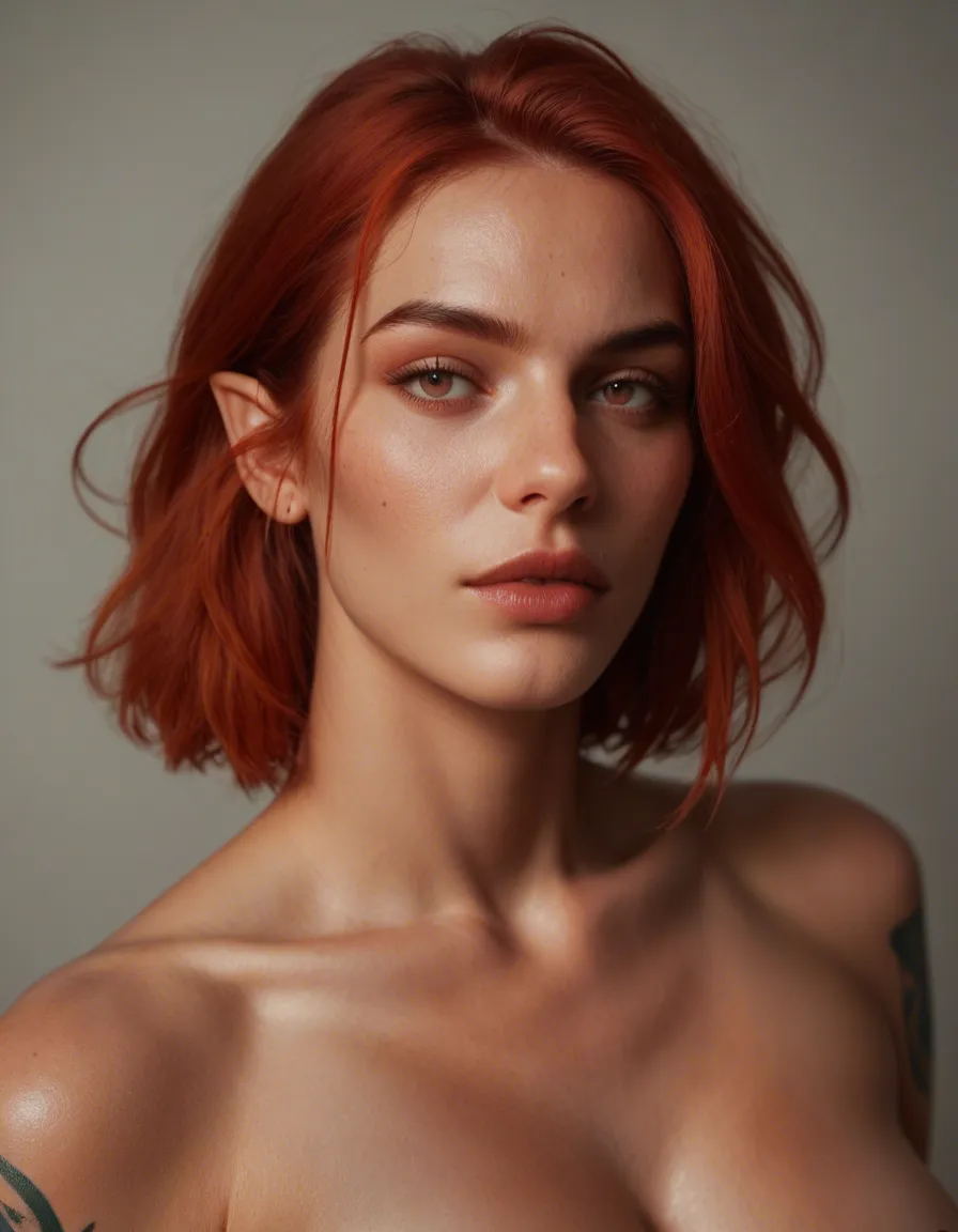 red_hair large_breasts tattoo elf official_alternate_hairstyle white_skin, score_9, score_8, candid photo, realistic skin texture, visible skin pores, film grain, depth of field