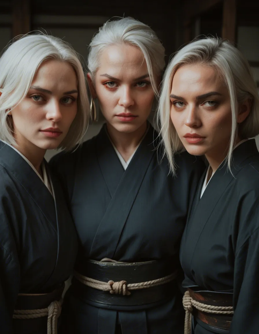 cinematic photo, 8k, 3girls, white hair, japanese clothes, bondage, film photography, score_9, score_8, candid photo, realistic skin texture, visible skin pores, film grain, depth of field