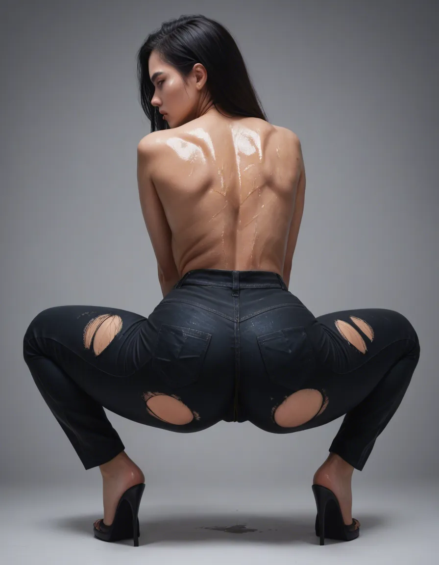 photorealistic, adult Korean woman, beautiful Korean facial features, long black hair, extremely curvy figure, very wide hips, dramatic waist-to-hip ratio, fitted dark navy ripped police pants, oiled, spanking, glossy fabric texture, deep squat pose, full body shot, three-quarter rear view, hips emphasized by camera perspective, both wrists secured together with silver metal handcuffs, both arms raised above her head, handcuffs clearly visible, head turned over shoulder, looking directly at camera, face clearly visible, shy and embarrassed expression, strong blush, nervous eyes, slightly parted lips, sensual fashion photoshoot, cinematic lighting, realistic skin texture, highly detailed, soft shadows, glamorous atmosphere, score_9, score_8, candid photo, realistic skin texture, visible skin pores, film grain, depth of field