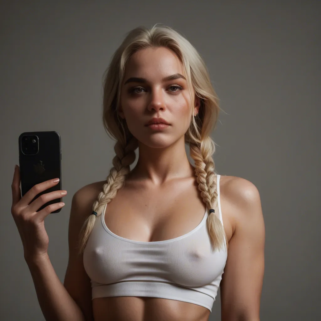 Stunningly gorgeous blonde in tight white crop top showing cleavage, twin braids, small b cup breasts, hard covered nipples, loose white miniskirt, wiggling hips, running fingers through hair