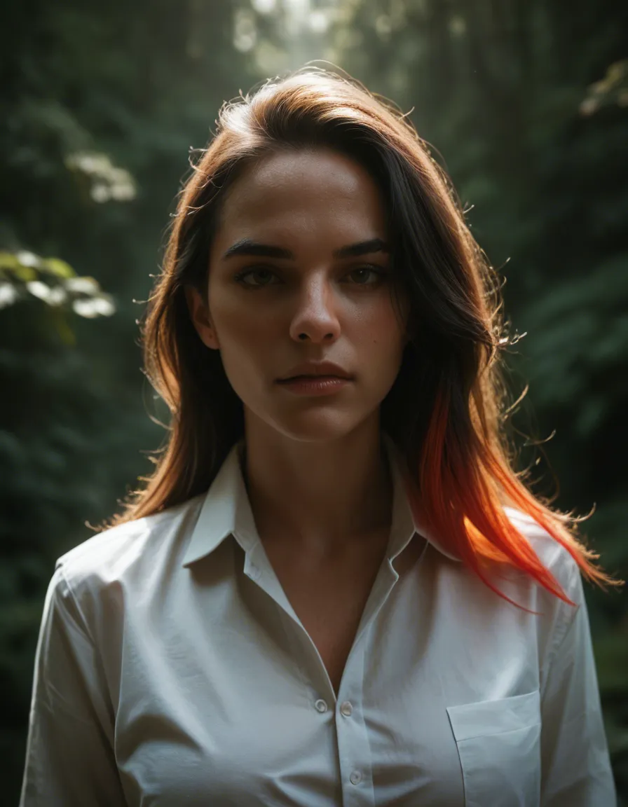 highly detailed, natural lighting, 1woman, multicolored hair, collared shirt, futanari, cinematic realism, score_9, score_8, candid photo, realistic skin texture, visible skin pores, film grain, depth of field