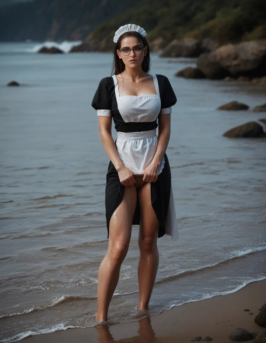 sharp focus, 8k uhd, full body, maid, wet pussy, glasses, water, RAW photo, score_9, score_8, candid photo, realistic skin texture, visible skin pores, film grain, depth of field