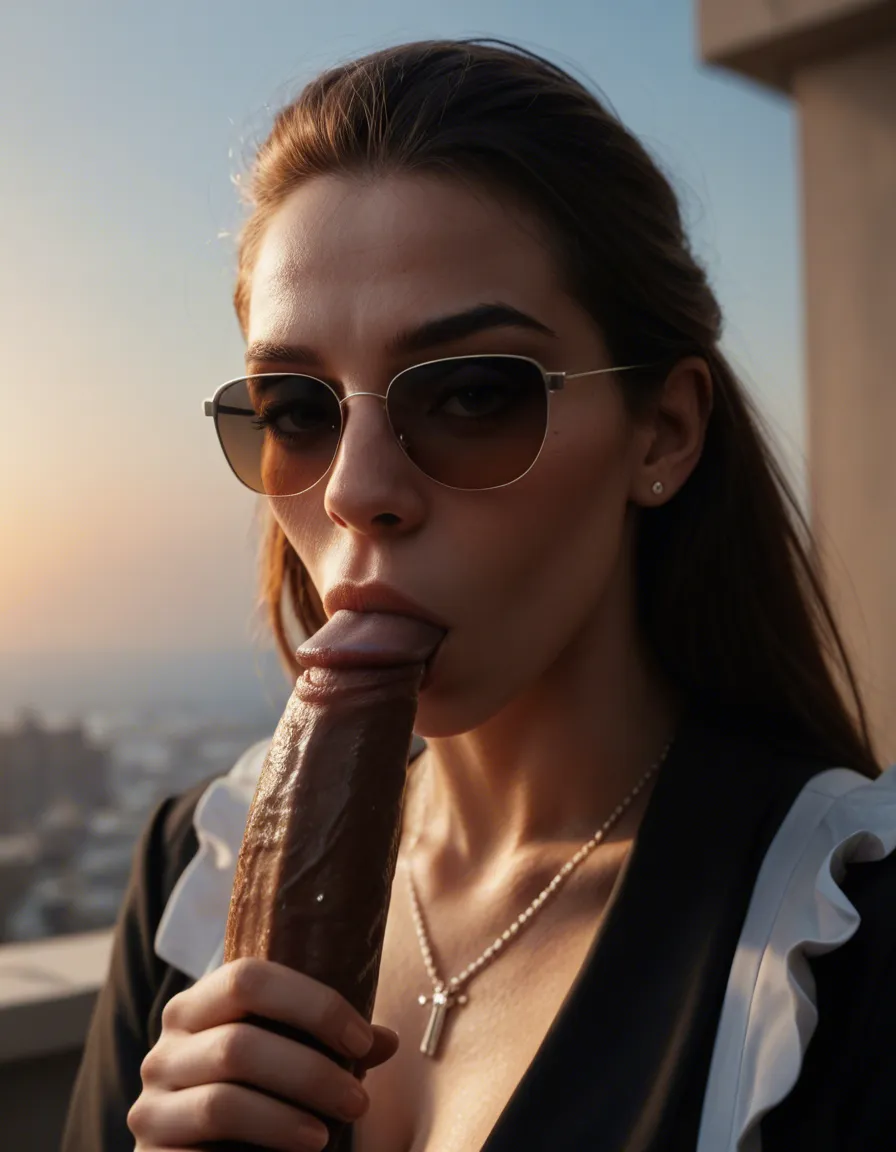 professional photo, high detail, maid, sunglasses, food, blowjob, blue sky, cool tones, cinematic realism, score_9, score_8, candid photo, realistic skin texture, visible skin pores, film grain, depth of field