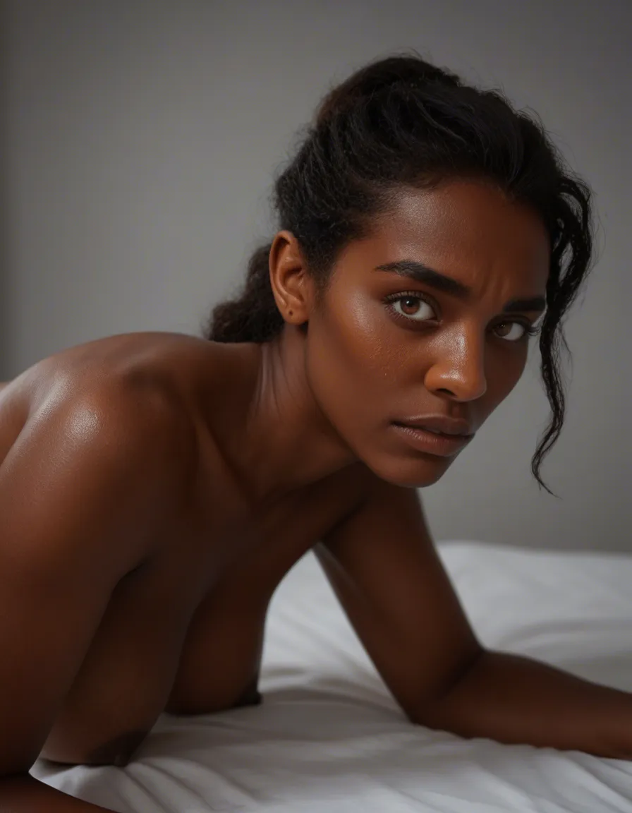 sharp focus, 8k uhd, portrait, solo, doggy style, dark-skinned female, nervous blush, cinematic realism, score_9, score_8, candid photo, realistic skin texture, visible skin pores, film grain, depth of field