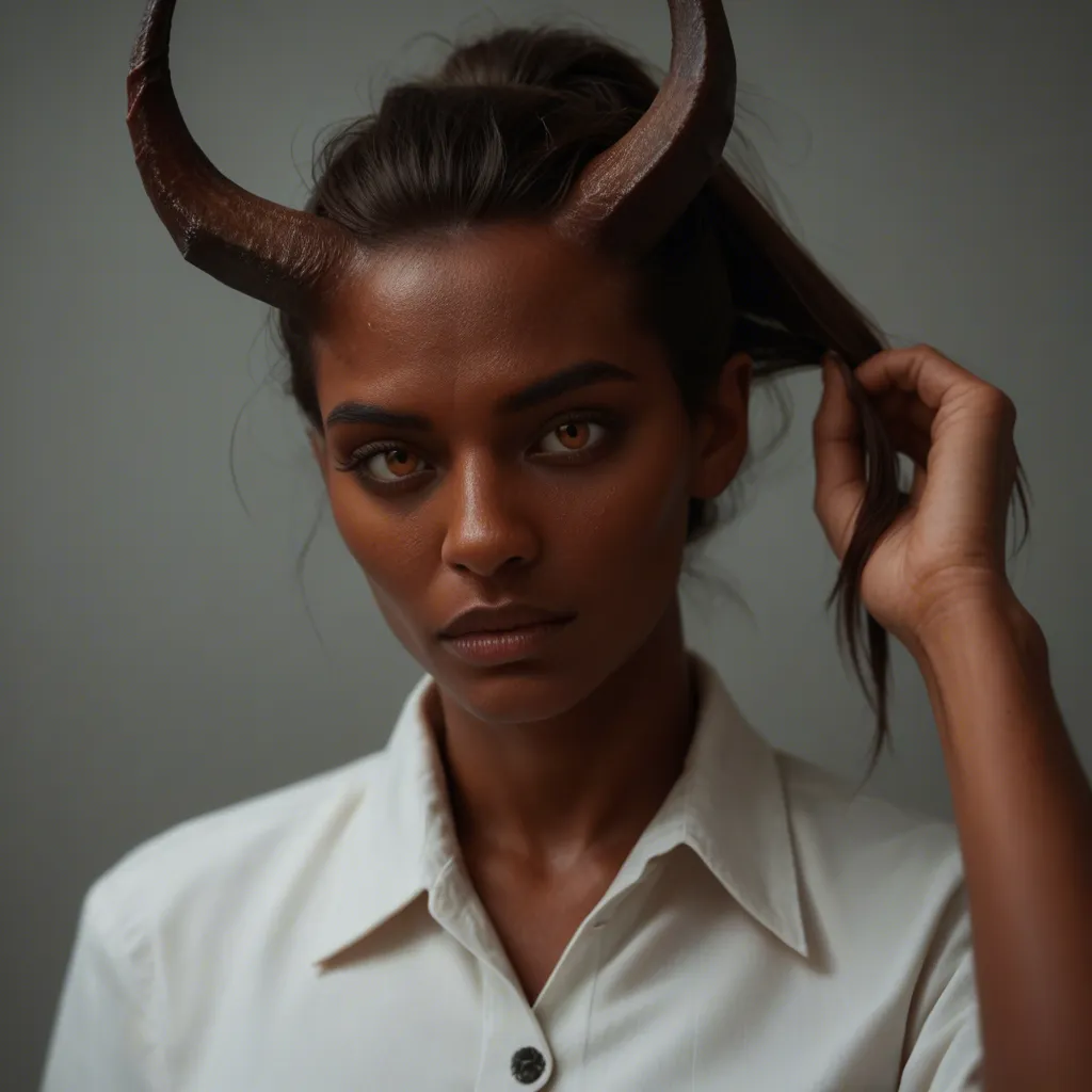 8k, sharp focus, detailed skin, demon woman, buttons, horns, hair flip, hair pull, film photography
