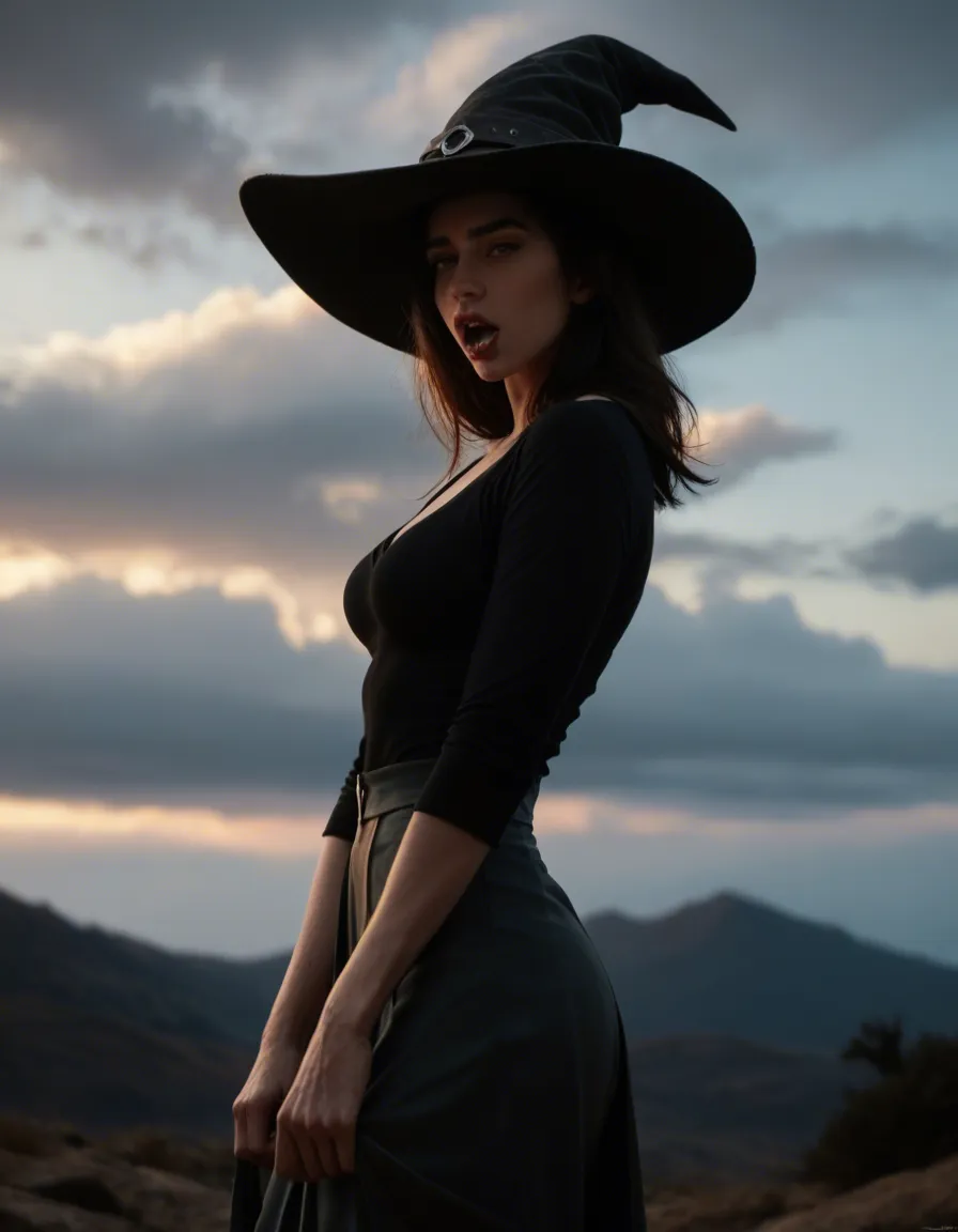 cinematic photo, 8k, witch, breasts, skirt, ahegao, cloud, side view, backlit, film photography, score_9, score_8, candid photo, realistic skin texture, visible skin pores, film grain, depth of field