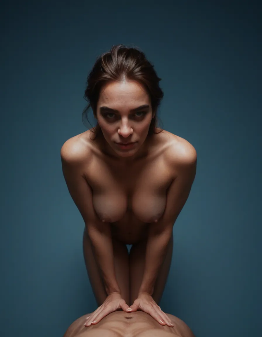 dslr, film grain, photorealistic, from above, couple, bent over, stomach, blue background, smoldering look, lifelike render, score_9, score_8, candid photo, realistic skin texture, visible skin pores, film grain, depth of field