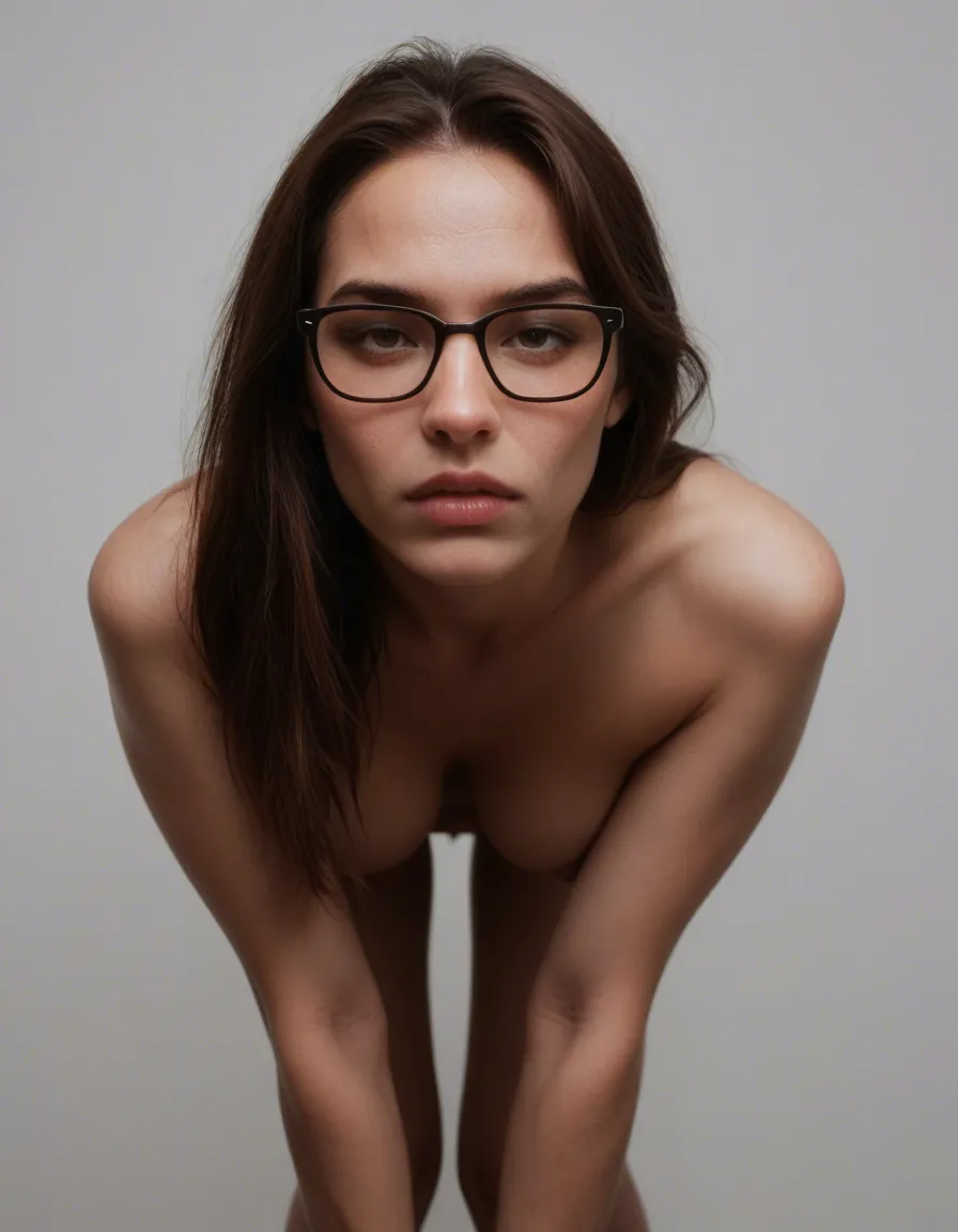 studio quality, sharp focus, solo, glasses, bow, leaning forward, creampie, simple background, three-quarter view, photorealistic, score_9, score_8, candid photo, realistic skin texture, visible skin pores, film grain, depth of field