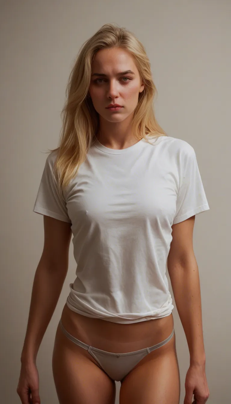 blonde_hair t-shirt panties undressing nervous