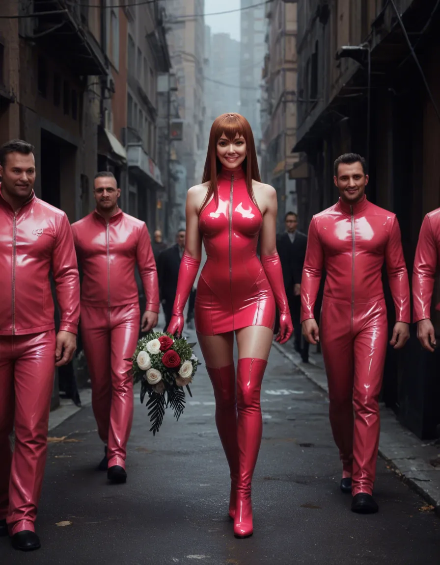 RAW photo, bdsm, pink_latex_suit, @makise_kurisu, revealing_clothes, #6+boys, bdsm, smile, walking, submissive, leg upskirt, holding_bouquet, score_9, score_8, candid photo, realistic skin texture, visible skin pores, film grain, depth of field