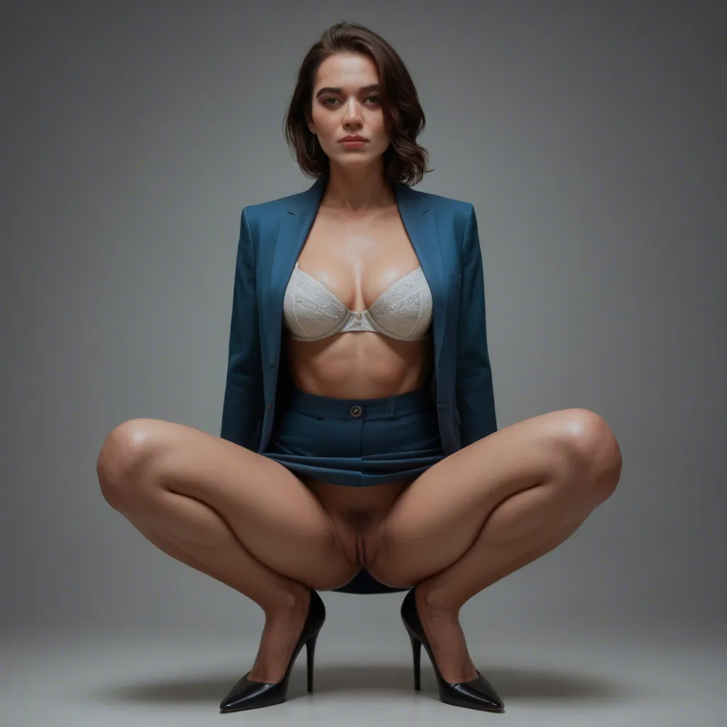 A short brunette mature_female wearing an open blue blazer, unbuttoned pink collared shirt, white bra with medium breasts out, blue skirt, and black heels is on all fours in a jail cell with a briefcase. She is having interracial doggystyle vaginal sex with a prisoner with a large penis. She squirms and grimaces as he pounds her hard from behind. Her white panties are hanging off one heel. Dramatic lighting, ultra realistic, full body, shallow depth_of_field.