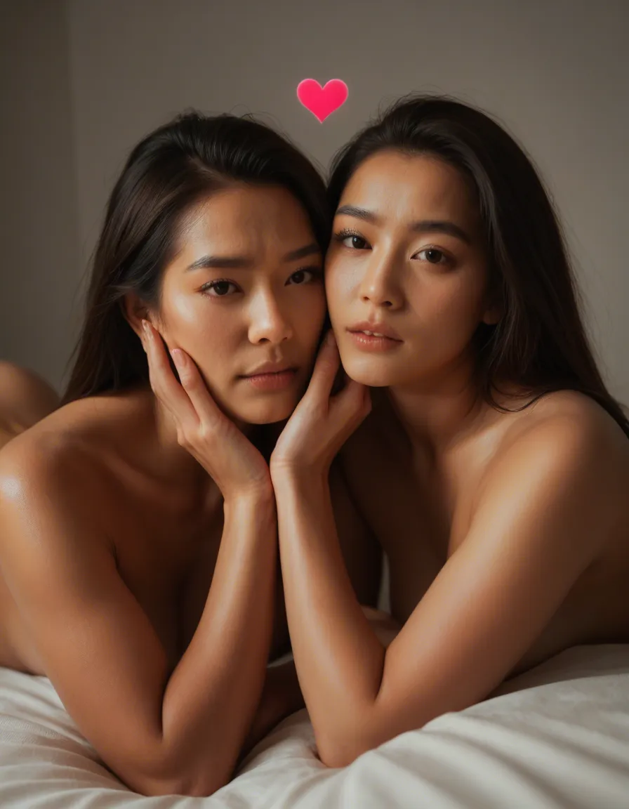 8k, sharp focus, detailed skin, asian woman, feet being sucked by two other women, heart, , ambient glow, hyperrealistic, score_9, score_8, candid photo, realistic skin texture, visible skin pores, film grain, depth of field