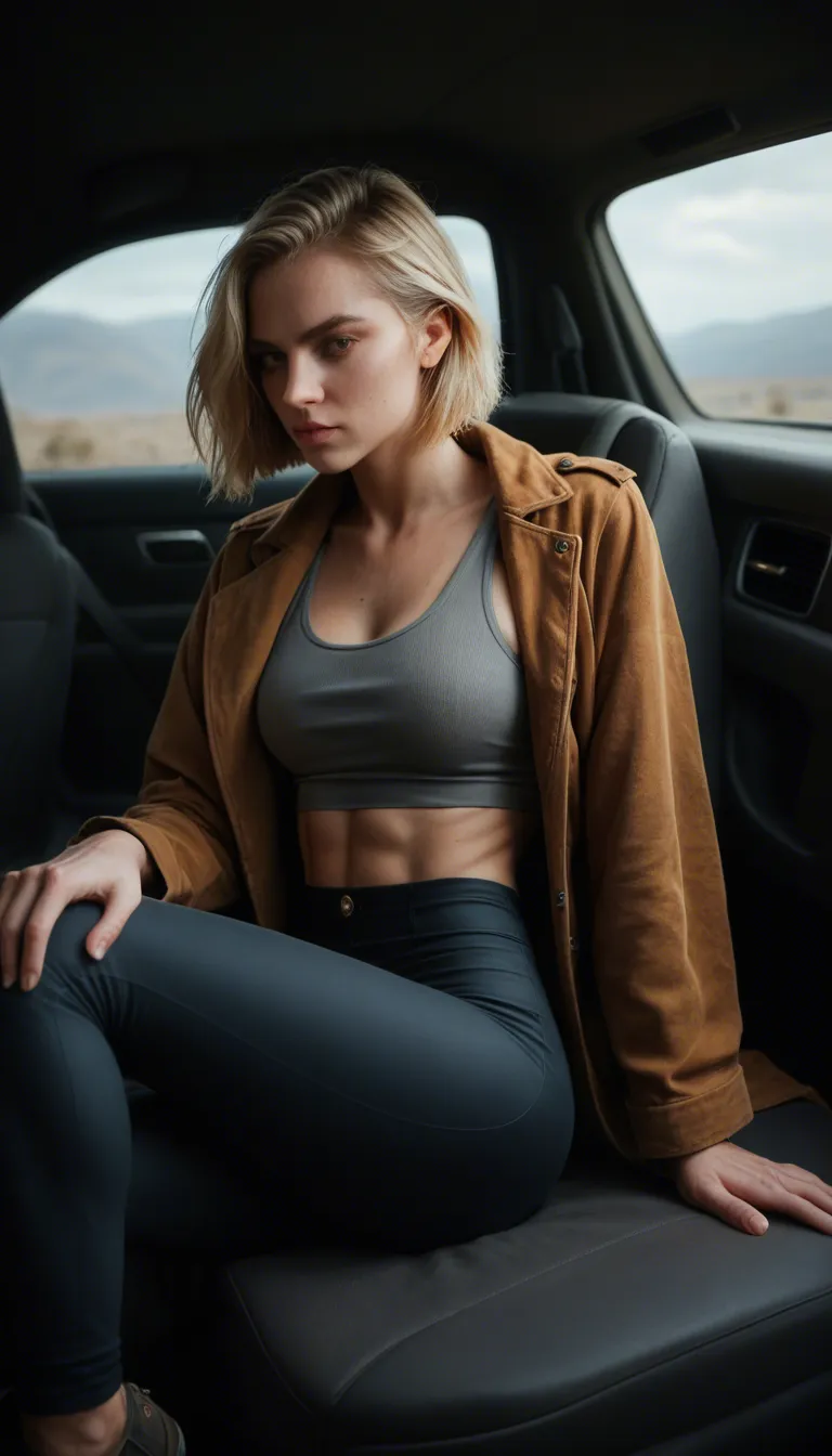 18 year old short hair to shoulders blonde. Sitting in passenger seat of car. Looking at the camera. Wearing a soft suede athletic pants and jacket with a tight white tube top under. The woman begins removing her clothing revealing her black sexy bra and black thong to the camera. sharp focus, 8k uhd, wide shot, playful expression, lifelike render.