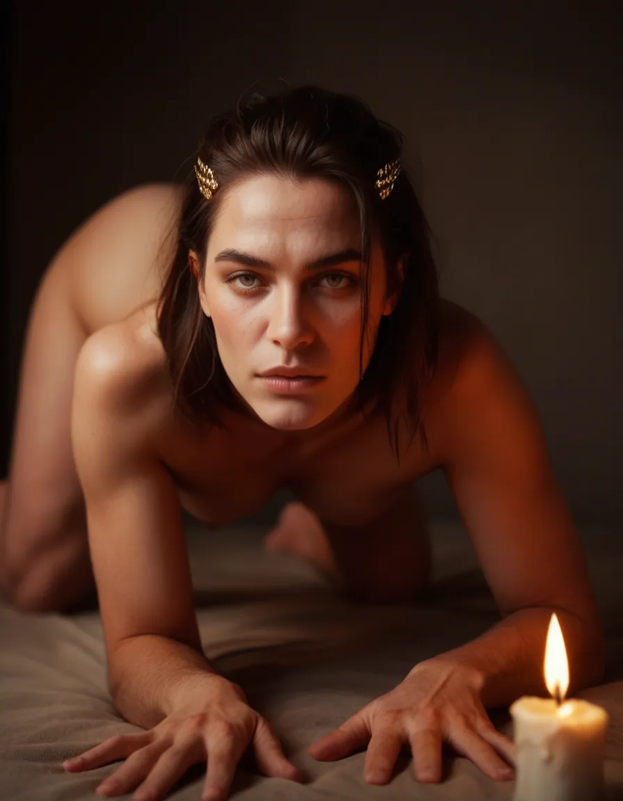 RAW photo, ultra realistic, male focus, hair ornament, heart, on all fours, candlelight, dslr quality, score_9, score_8, candid photo, realistic skin texture, visible skin pores, film grain, depth of field
