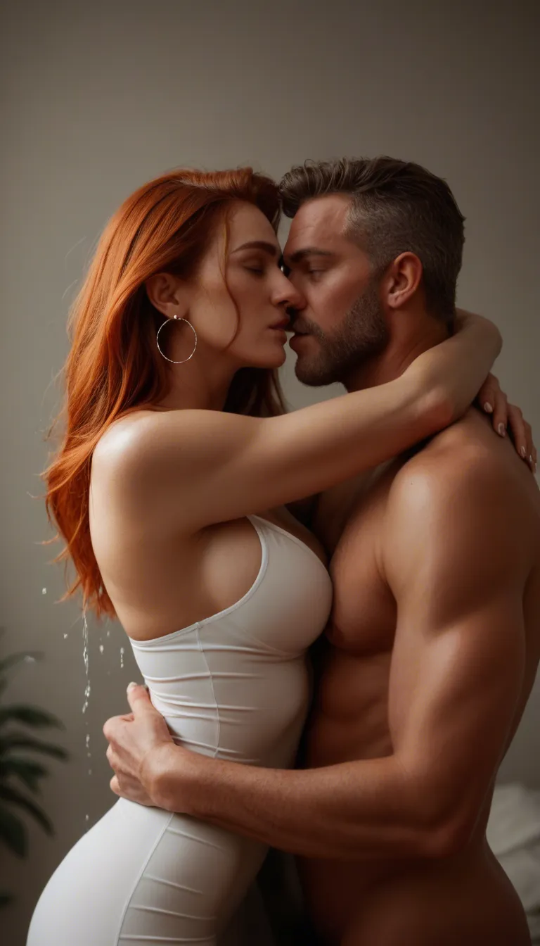 studio quality, sharp focus, redhead woman, fingernails, earrings, embrace, squirting, over the shoulder, warm tones, dslr quality