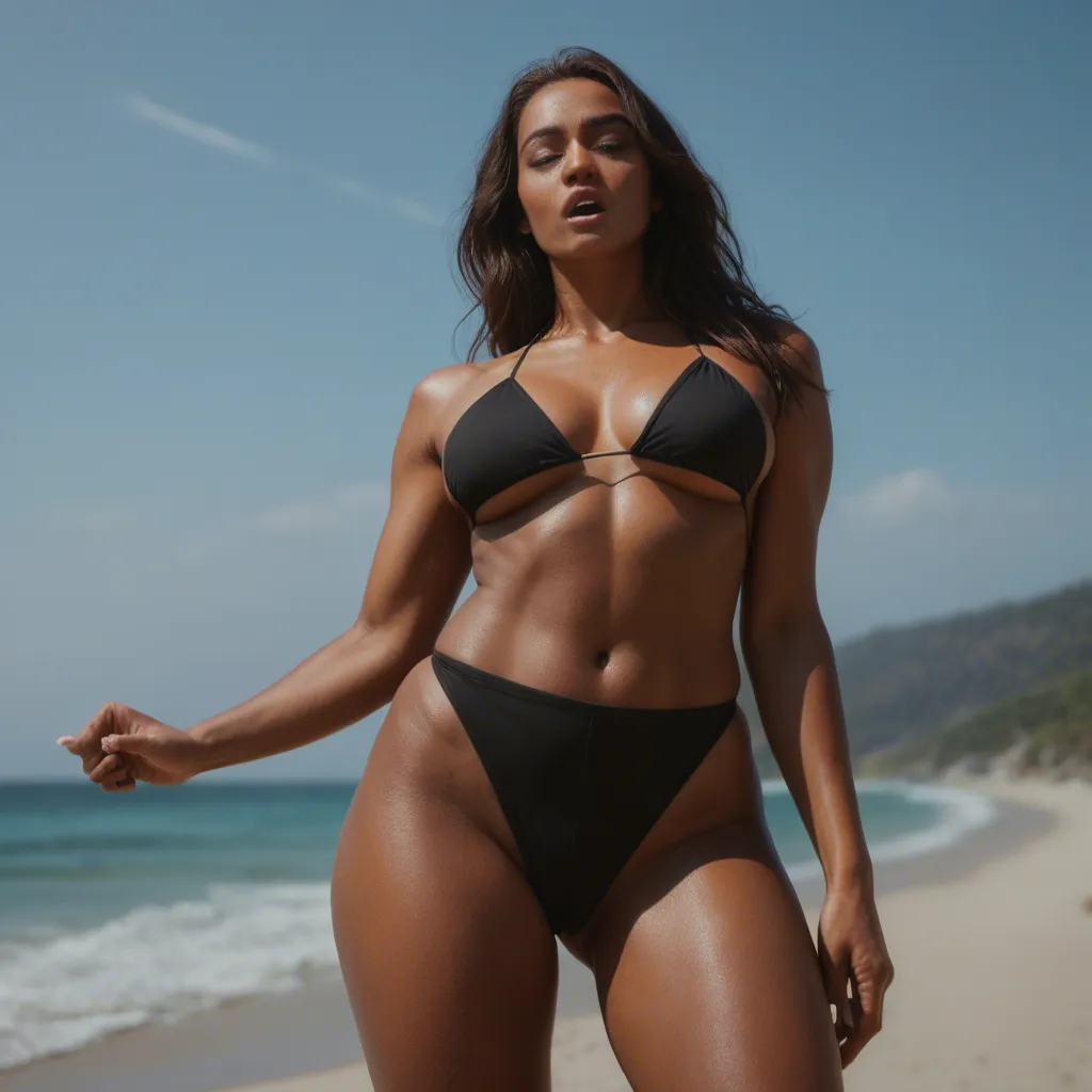 professional photo, high detail, low angle, brunette woman, orgasm, dark-skinned female, beach, photorealistic