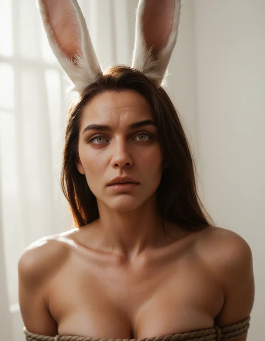 highly detailed, natural lighting, bunny girl, bondage, animal ears, white background, lustful eyes, natural skin texture, score_9, score_8, candid photo, realistic skin texture, visible skin pores, film grain, depth of field