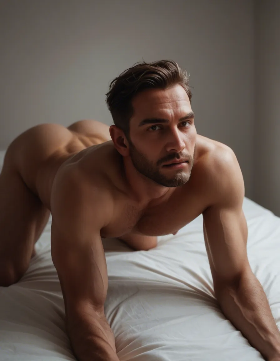 sharp focus, 8k uhd, male focus, bent over, bare shoulders, bed sheet, hyperrealistic, score_9, score_8, candid photo, realistic skin texture, visible skin pores, film grain, depth of field