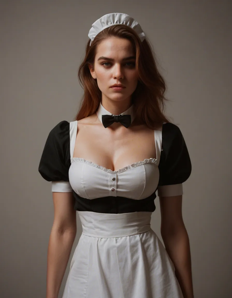 detailed textures, 8k, maid, bondage, game cinematic, score_9, score_8, candid photo, realistic skin texture, visible skin pores, film grain, depth of field