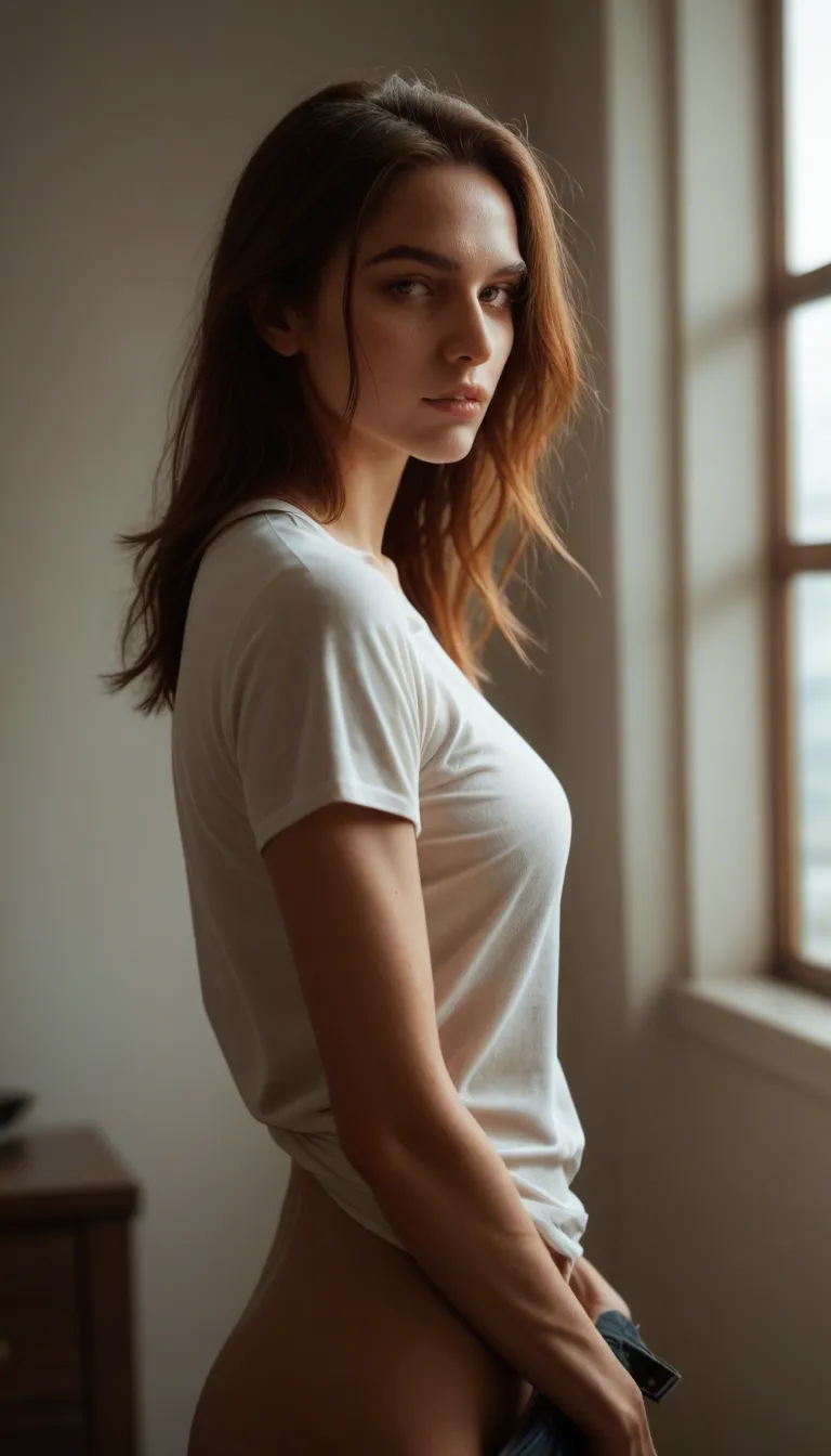 sharp focus, 8k uhd, solo focus, shirt, stripping, window light, studio photo