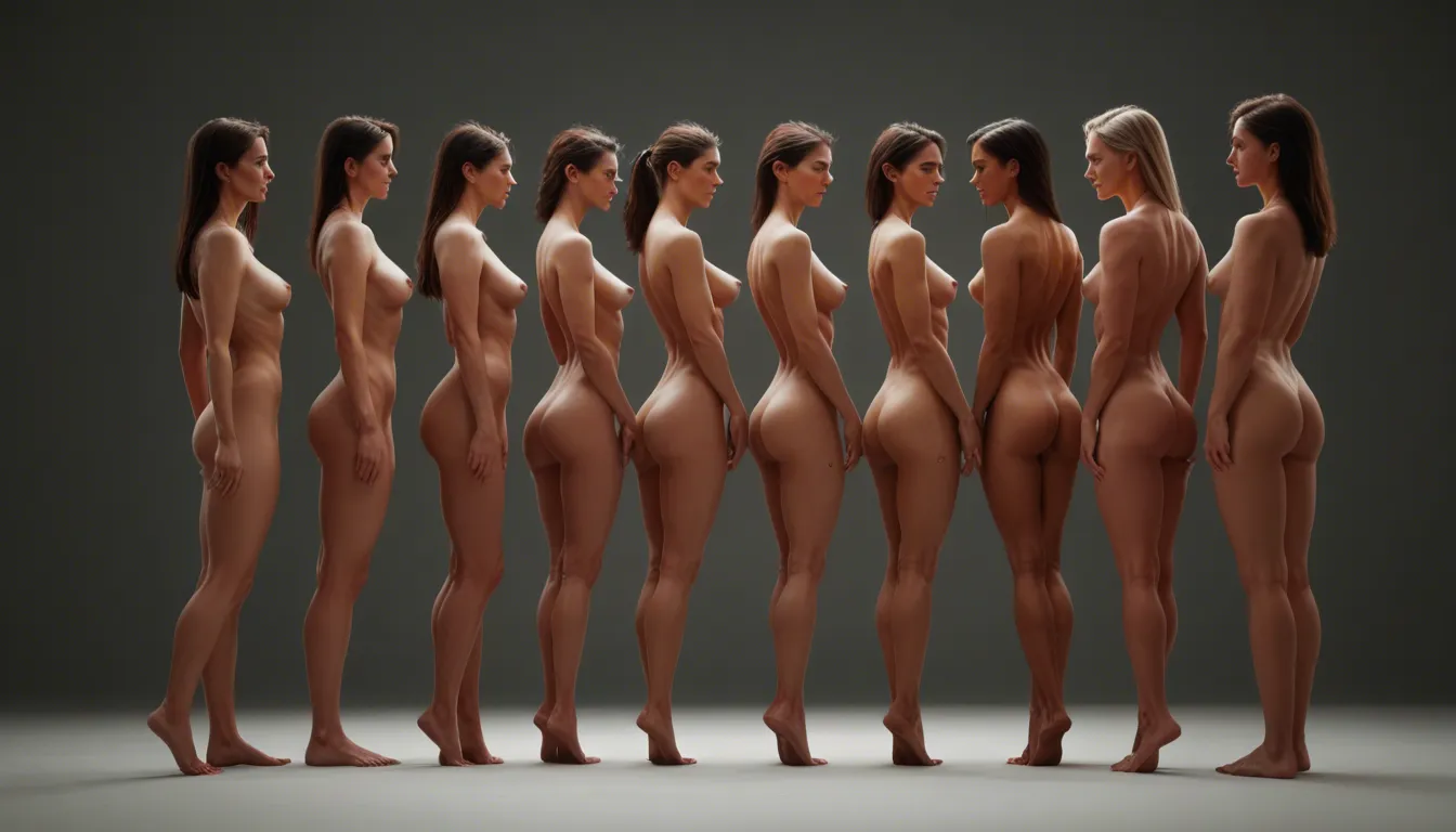 8k, sharp focus, detailed skin, side view, 6+girls, creampie, barefoot, gradient background, nervous blush, RAW photo, score_9, score_8, cinematic film still, anamorphic, film grain, dramatic lighting, shallow depth of field