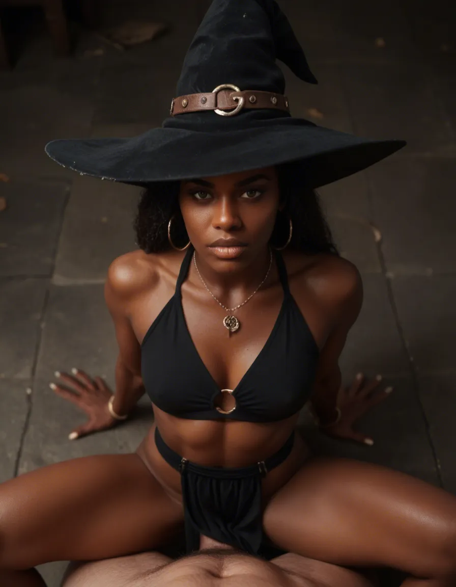 cinematic photo, 8k, witch, dark-skinned female, official alternate costume, spread legs, from above, hyperrealistic, score_9, score_8, candid photo, realistic skin texture, visible skin pores, film grain, depth of field