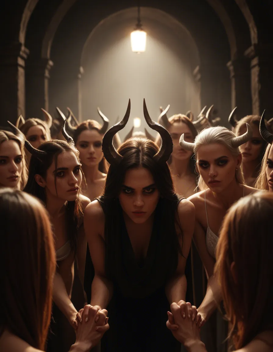 sharp focus, 8k uhd, 5girls, holding hands, horns, bent over, film photography, score_9, score_8, cinematic film still, anamorphic, film grain, dramatic lighting, shallow depth of field