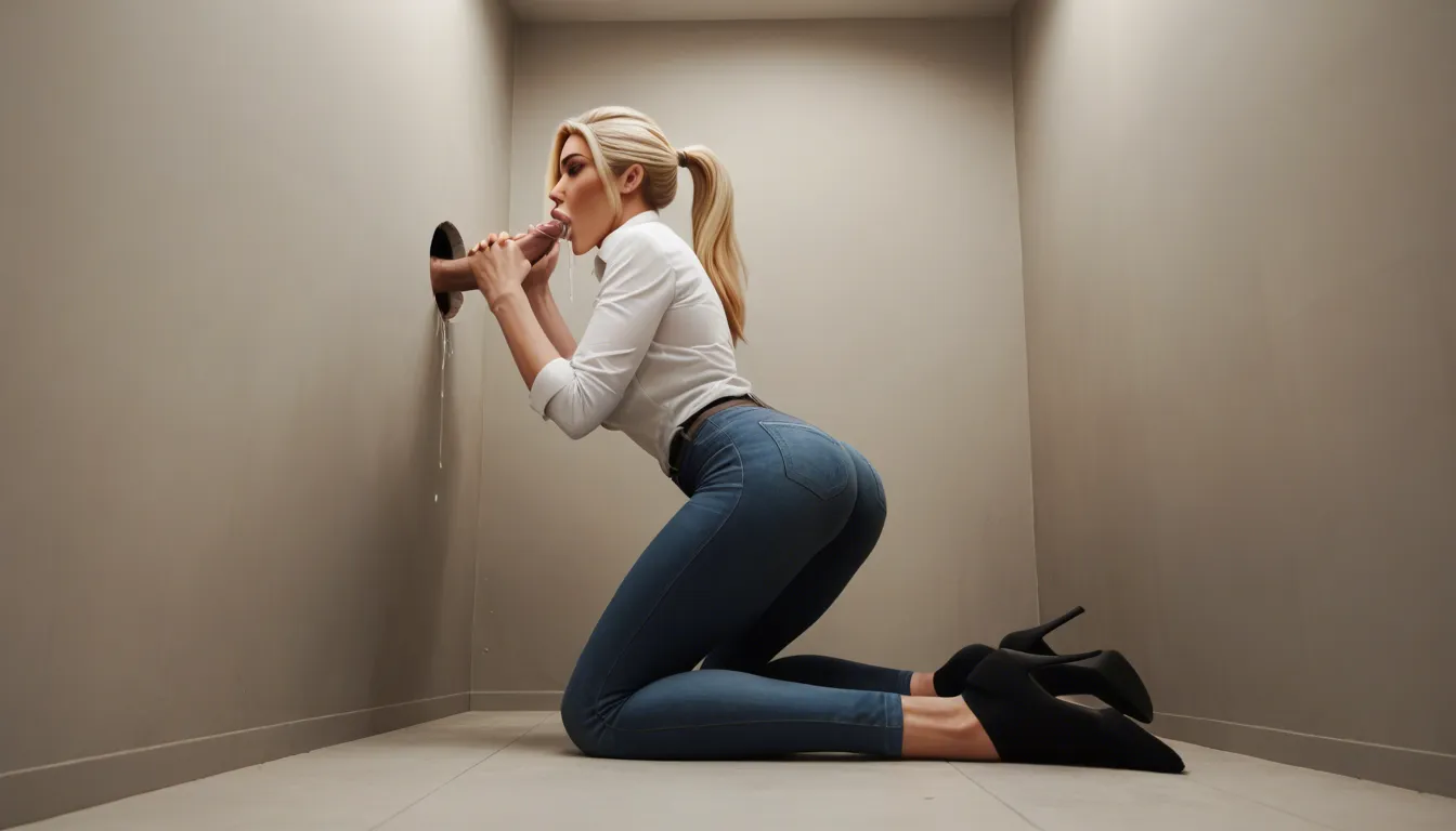 studio quality, sharp focus, full body, blonde_hair, ponytail, office lady, kneeling, fellatio, gloryhole, from_behind, from_below, jeans, black_socks , pants_pull foot_focus, thong , lips, cum_in_mouth, cumdrip confident gaze, photorealistic, score_9, score_8, candid photo, realistic skin texture, visible skin pores, score_9, score_8, amateur photo, phone snapshot, realistic skin textureic, score_9, score_8, amateur photo, phone snapshot, realistic skin texture, skin blemishes, soft indoor lighting