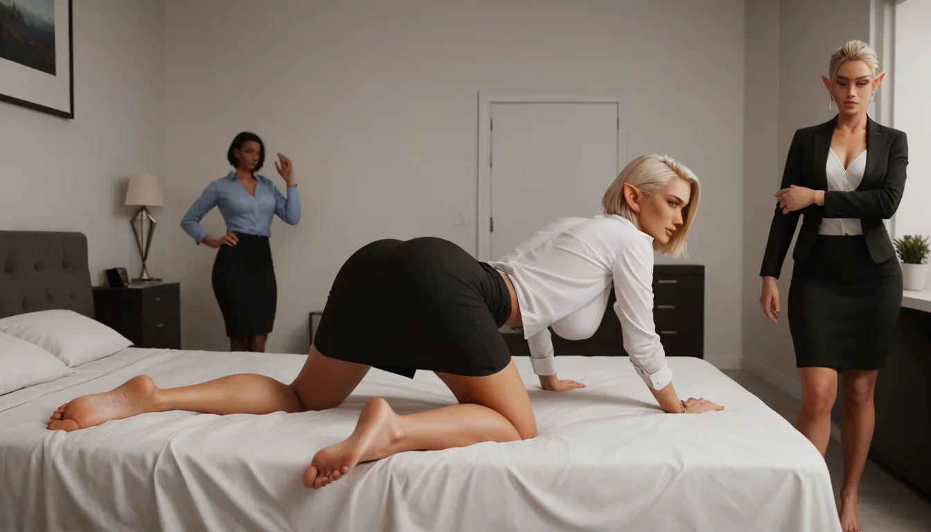 studio quality, sharp focus, full body, from_behind , tan ,blonde_hair, short_hair , office lady , elf , pointy_ears , bed , bedroom , all_fours , spread_legs , open_clothes , black_skirt , barefoot , soles  , group_sex , veiny_penis , fellatio , double_penetration ,vaginal , anal , cum_in_mouth , cum_in_pussy , cum_in_ass , lips, photorealistic, score_9, score_8, candid photo, realistic skin texture, visible skin,, score_9, score_8, candid photo, realistic skin texture, visible skin pores, film grain, depth of field