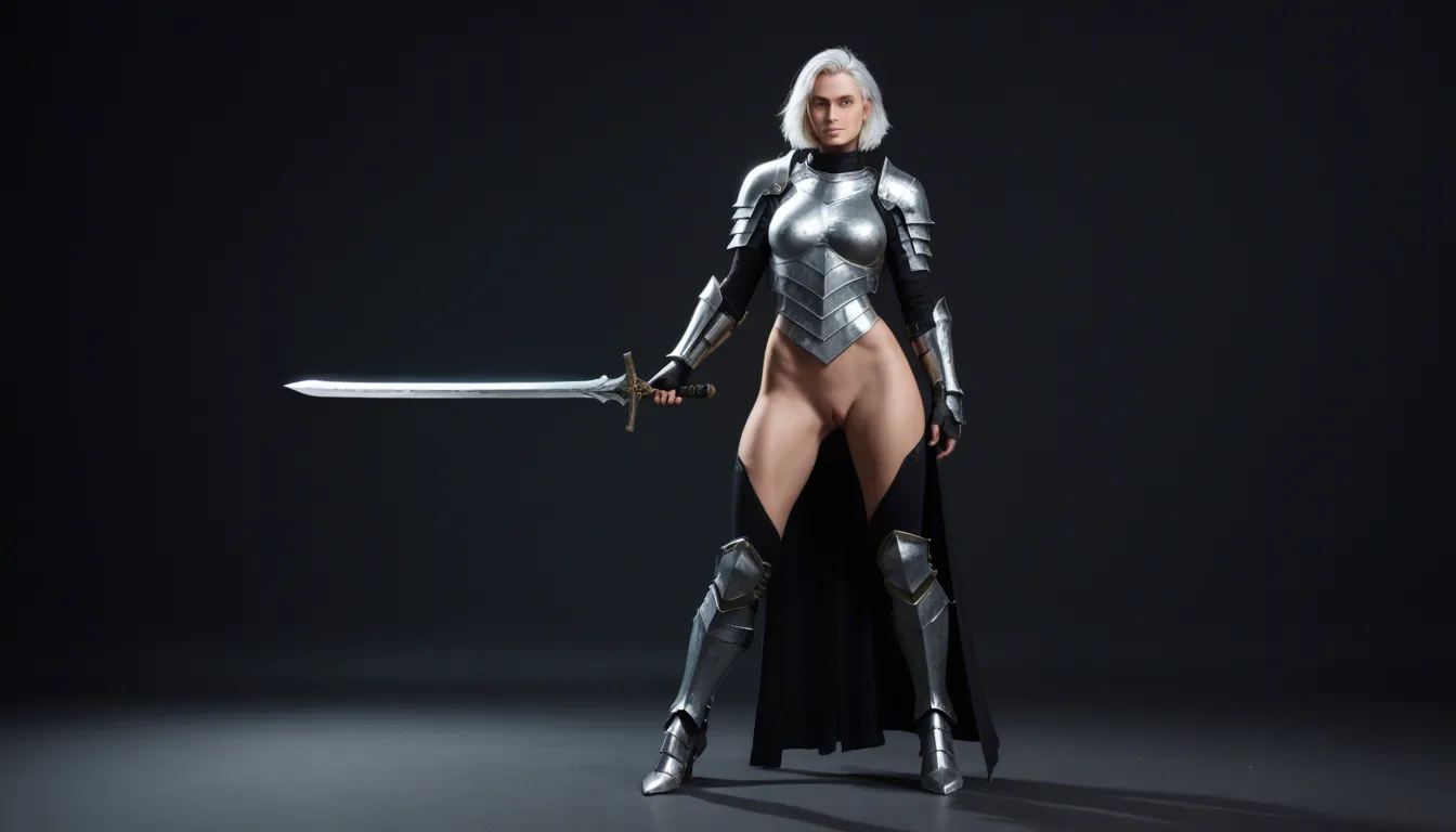 studio quality, sharp focus, full body, solo , black_background , white_hair , short_hair , standing , legs_apart , armor , breasts_out , pussy , holding_sword , looking_at_viewer , solo_focus ,light_smile , lips, photorealistic, score_9, score_8, candid photo, realistic skin texture,, score_9, score_8, candid photo, realistic skin texture, visible skin pores, film grain, depth of field