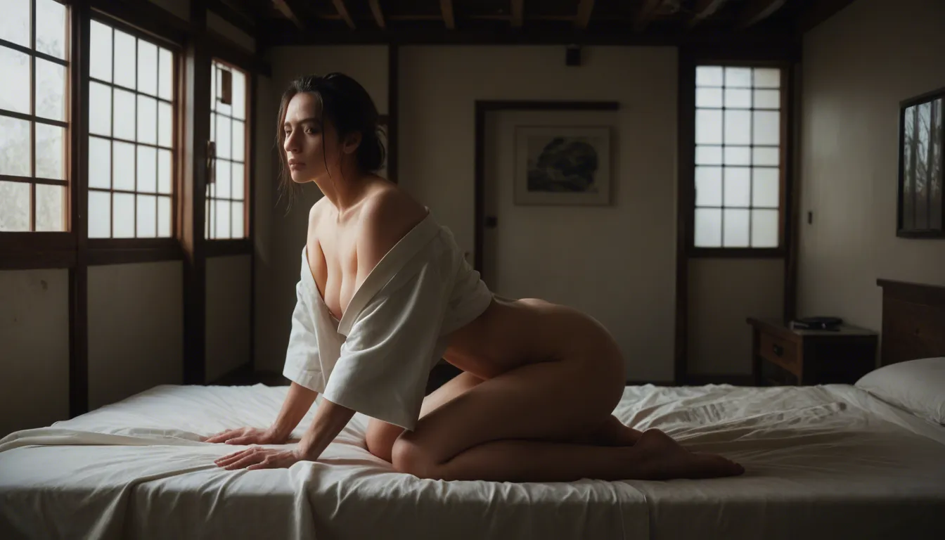 RAW photo, ultra realistic, young_woman , from_behind foot_focus wide hips, japanese clothes, kneeling on bed, indoors, window light, dslr quality, score_9, score_8, candid photo, realistic skin texture, visible skin pores, score_9, score_8, amateur photo, phone snapshot, realistic skin texture, skin blemishes, soft indoor lighting
