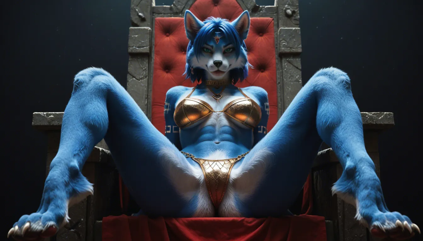 studio quality, sharp focus , from_below foot_focus , sitting on a throne @krystal_(star_fox) furry_female body_fur , extreme_revealing_clothes spread_legs paws , lips , looking_at_viewer , photorealistic, score_9, score_8, candid photo, score_9, score_8, cinematic film still, anamorphic, film grain, dramatic lighting, shallow depth of field