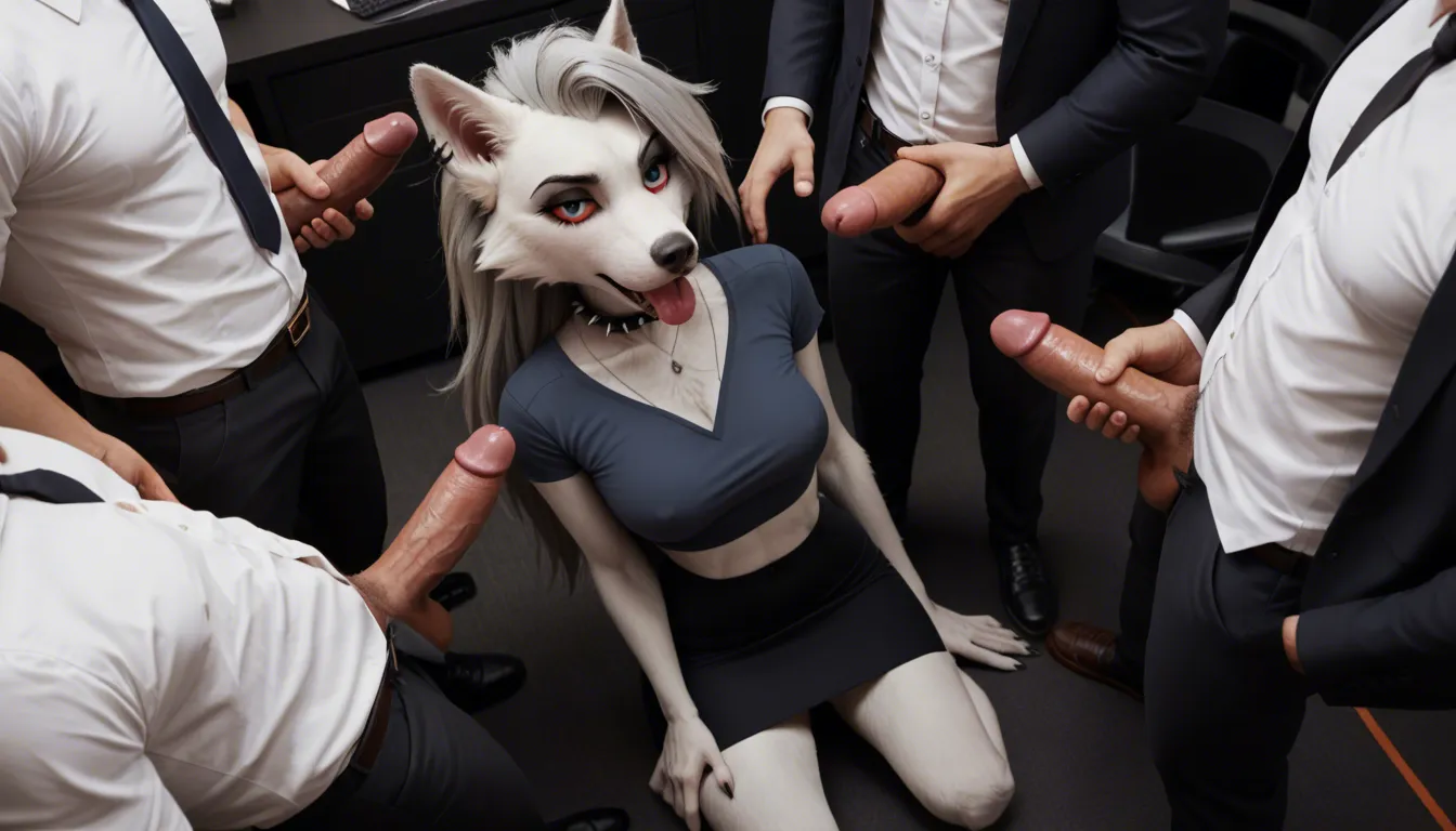 studio quality, sharp focus , from_above full_body in a Office conference room , @loona_(helluva_boss) furry_female body_fur Office_outfit skirt_lift paws , gangbang vaginal and fellatio , 4boys clothed_female_clothed_male , red_eyes , looking_at_viewer , photorealistic, score_9, score_8, candid photo, realistic skin texture, score_9, score_8, cinematic film still, anamorphic, film grain, dramatic lighting, shallow depth of field