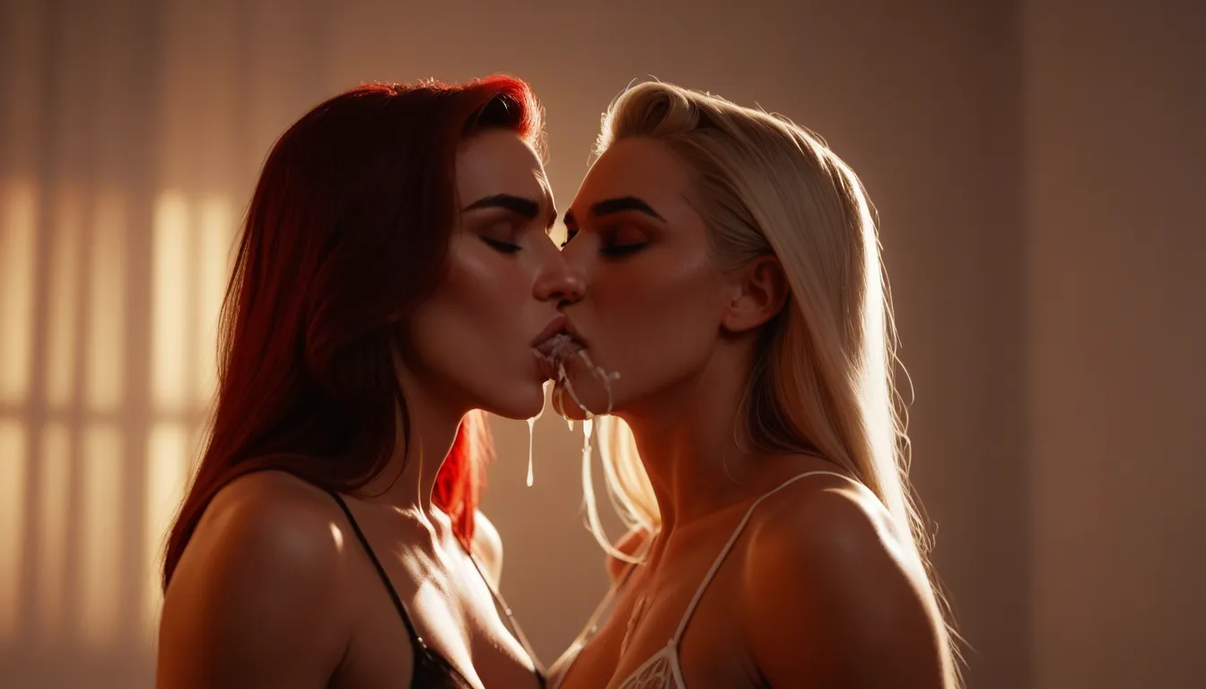 8k, sharp focus, red head, fit, large tits, whole body, kissing motion, cum on lips, thong lingerie,, score_9, score_8, cinematic film still, anamorphic, film grain, dramatic lighting, shallow depth of field