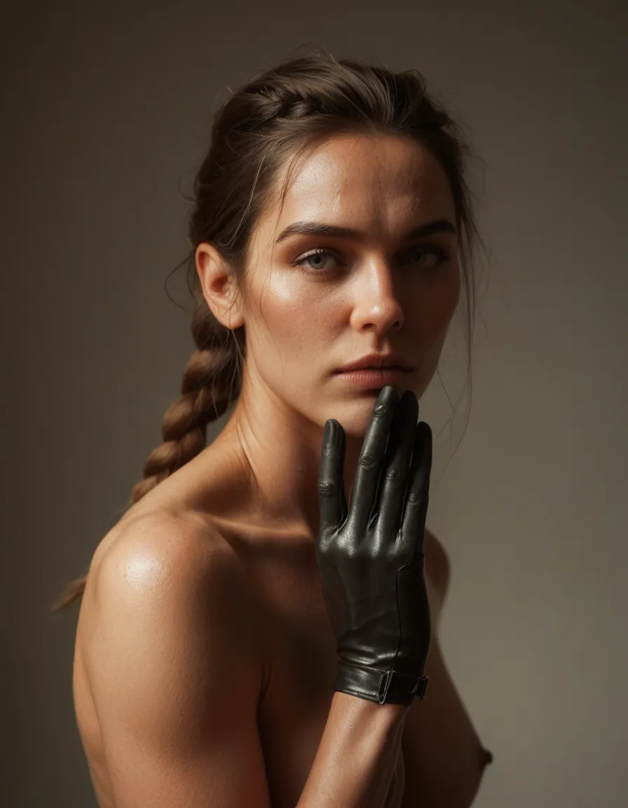8k, sharp focus, detailed skin, solo female, braid, black gloves, bondage, backlit, dslr quality, score_9, score_8, candid photo, realistic skin texture, visible skin pores, film grain, depth of field