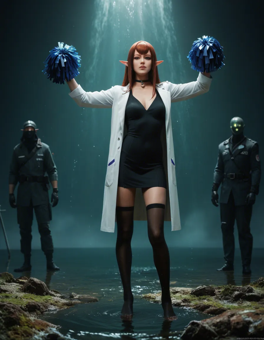 RAW photo, ultra realistic, princess, elf, pointy_ears, pom_pom_(cheerleading), hourglass figure, water, cinematic realistic, full_body, @makise_kurisu, science_fiction, lab_coat, black_dress, thighhighs, choker, black_footwear, long_skirt, short_hair, holding_phone, military, lab_coat, time_machine, mechanical_halo, anal_object_insertion, latex, playboy_bunny, score_9, score_8, candid photo, realistic skin texture, visible skin pores, film grain, depth of field