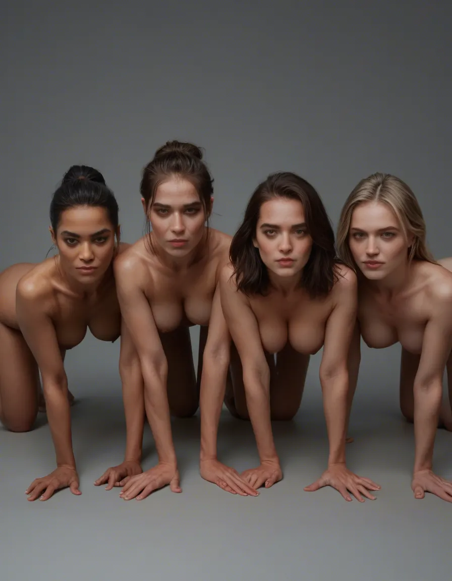 dslr, film grain, photorealistic, 6+women, breasts, official alternate costume, on all fours, transparent background, wide shot, rim light, cinematic realism, score_9, score_8, candid photo, realistic skin texture, visible skin pores, film grain, depth of field