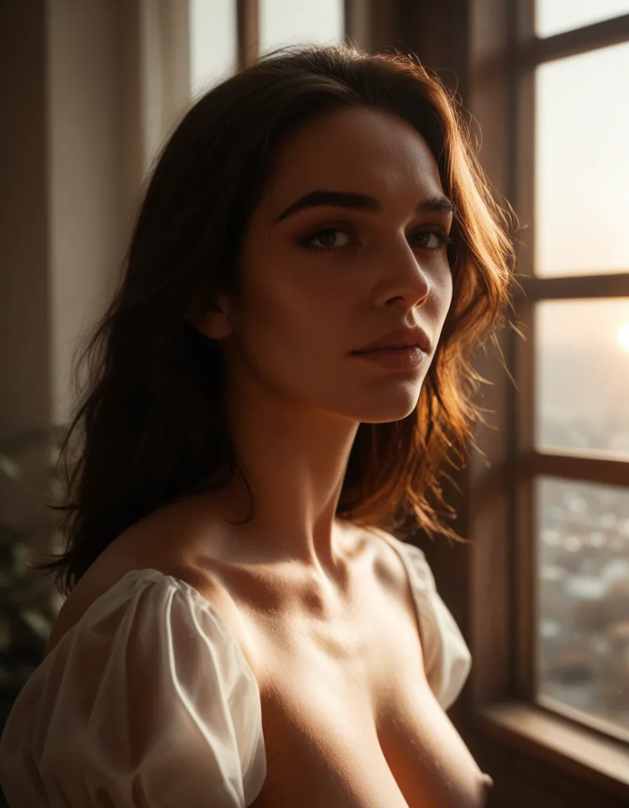 highly detailed, natural lighting, brunette woman, puffy sleeves, fully nude, window light, 8k uhd photo, score_9, score_8, candid photo, realistic skin texture, visible skin pores, film grain, depth of field