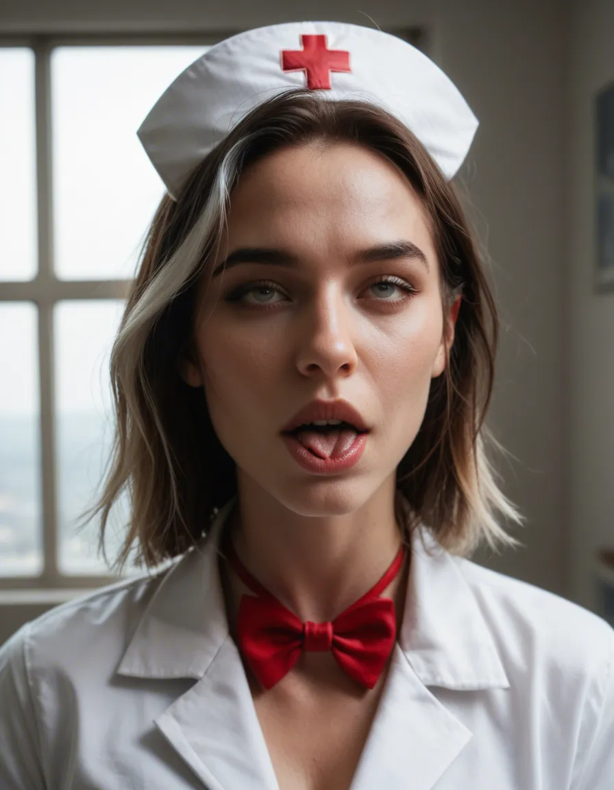 RAW photo, ultra realistic, nurse, streaked hair, bowtie, ahegao, window light, studio photo, score_9, score_8, candid photo, realistic skin texture, visible skin pores, film grain, depth of field