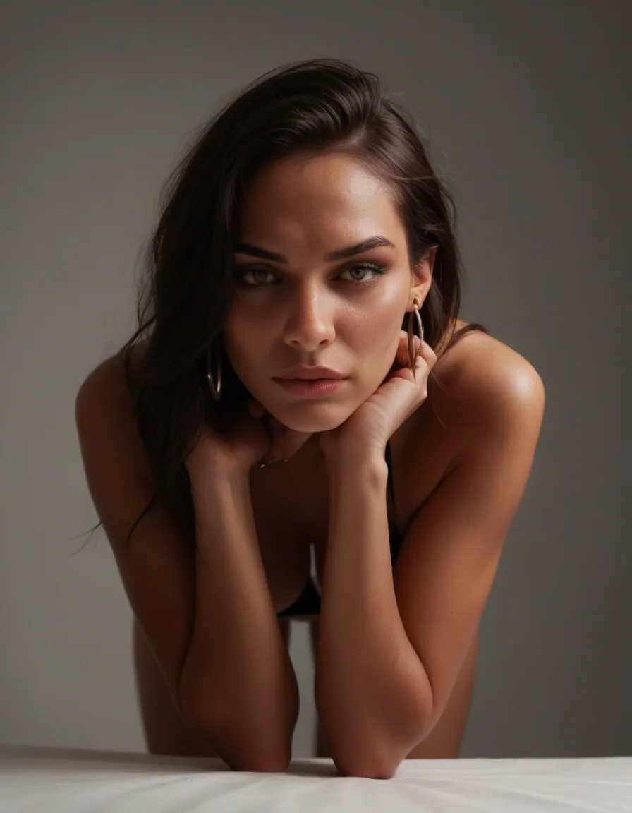 best quality, hyperrealistic, succubus, earrings, bent over, spotlight, studio photo, score_9, score_8, candid photo, realistic skin texture, visible skin pores, film grain, depth of field