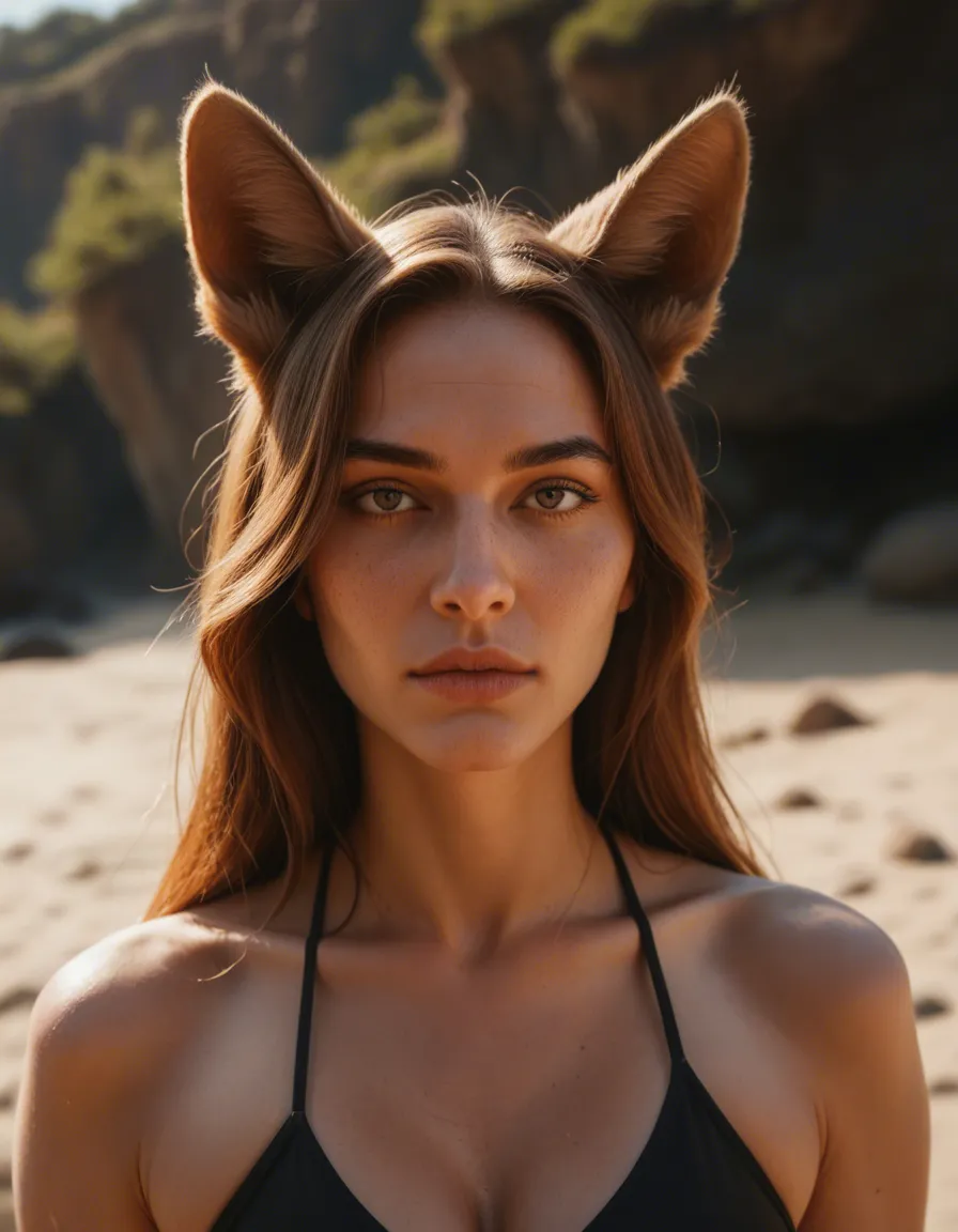 best quality, hyperrealistic, 1other, animal ears, official alternate costume, presenting, day, cowboy shot, lifelike render, score_9, score_8, candid photo, realistic skin texture, visible skin pores, film grain, depth of field