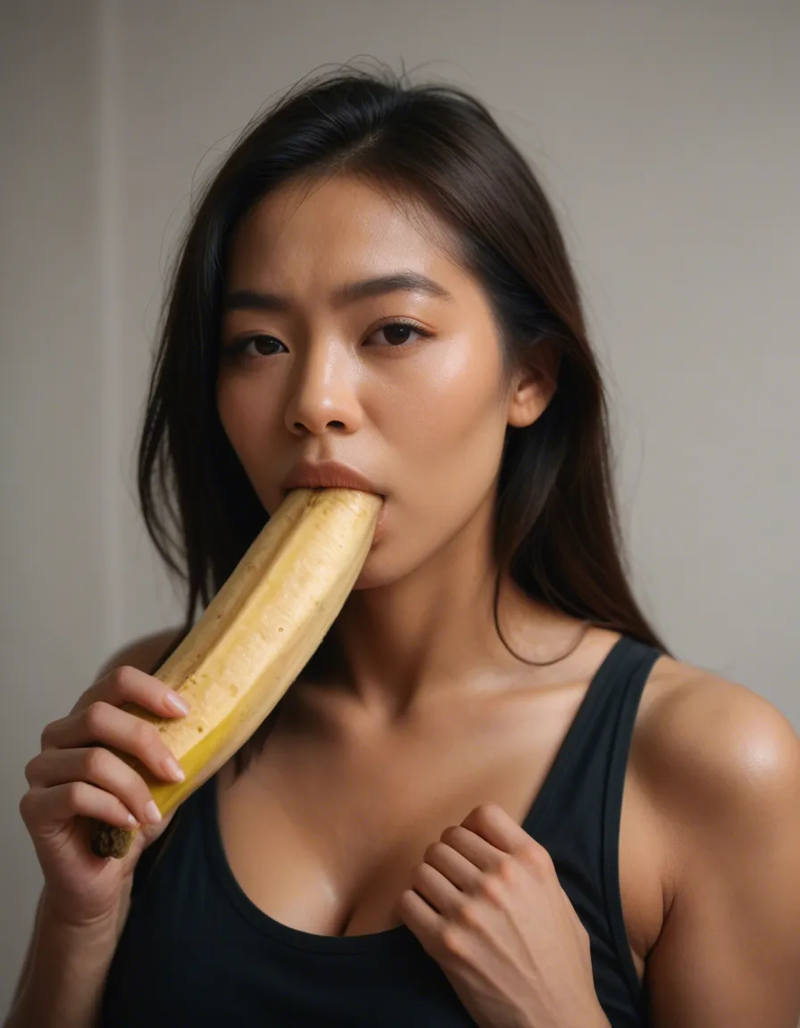 2 asian woman sharing a banana, score_9, score_8, candid photo, realistic skin texture, visible skin pores, film grain, depth of field