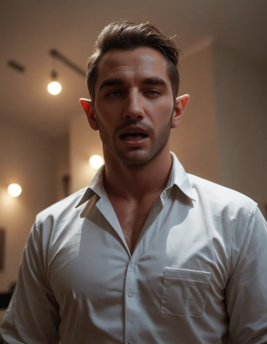 professional photo, high detail, male focus, pointy ears, shirt, ahegao, blurry background, low angle, RAW photo, score_9, score_8, amateur photo, phone snapshot, realistic skin texture, skin blemishes, soft indoor lighting