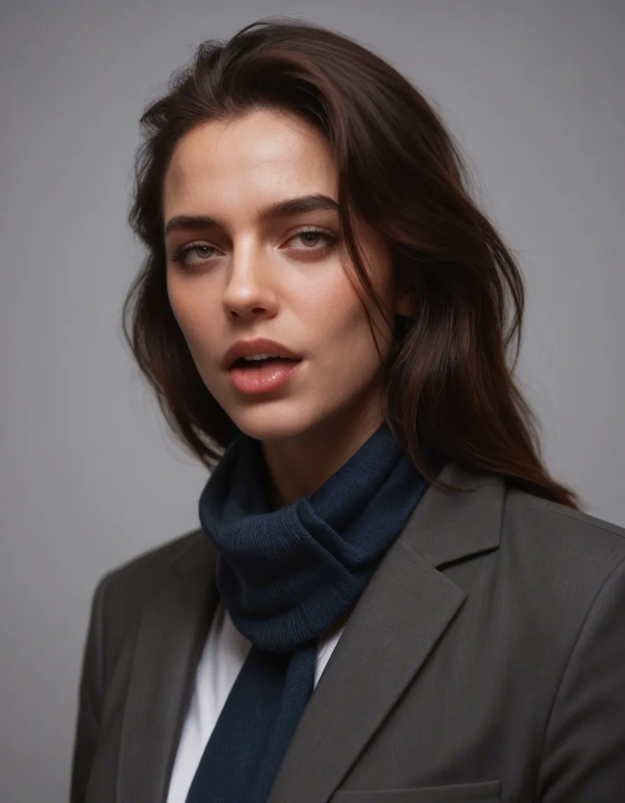 professional photo, high detail, brunette woman, scarf, weapon, ahegao, simple background, photorealistic, score_9, score_8, candid photo, realistic skin texture, visible skin pores, film grain, depth of field