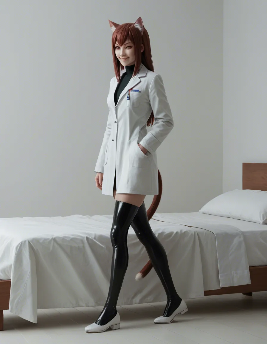 sharp focus, catgirl, kneeling on bed, ultra HD, lifelike, panties, @makise_kurisu, #simple_background, #latex, walking, white_footwear, thighhighs, smile, lab_coat, #full_body, hentai, score_9, score_8, candid photo, realistic skin texture, visible skin pores, film grain, depth of field