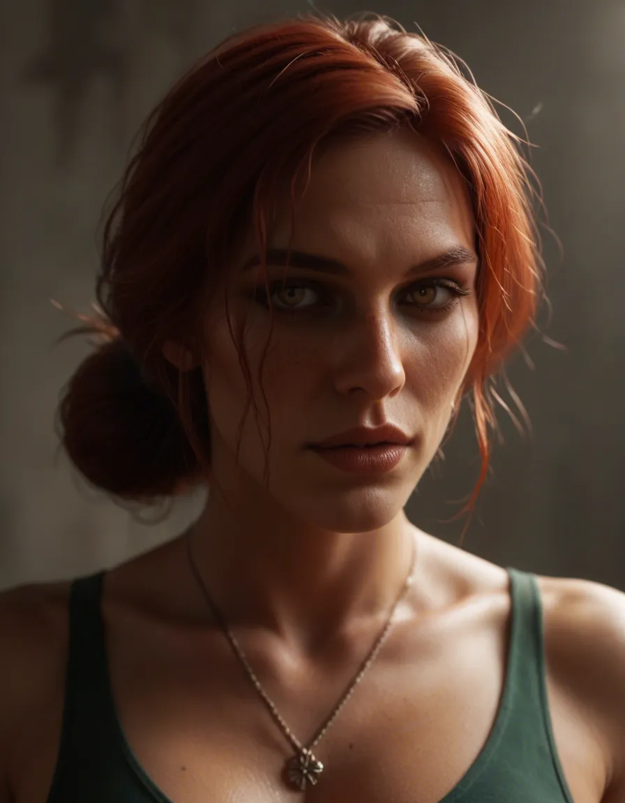 hyperrealistic Triss Merigold having sex with Geralt, score_9, score_8, cinematic film still, anamorphic, film grain, dramatic lighting, shallow depth of field
